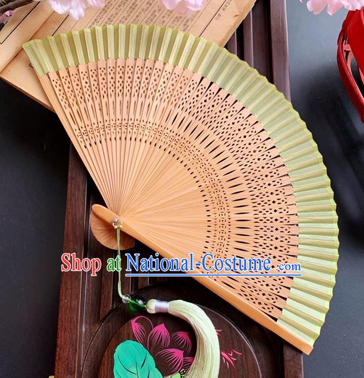 Chinese Handmade Fan Carving Bamboo Folding Fan Classical Light Green Silk Accordion