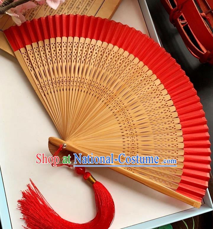 Chinese Carving Bamboo Folding Fan Handmade Fan Classical Red Silk Accordion Fans