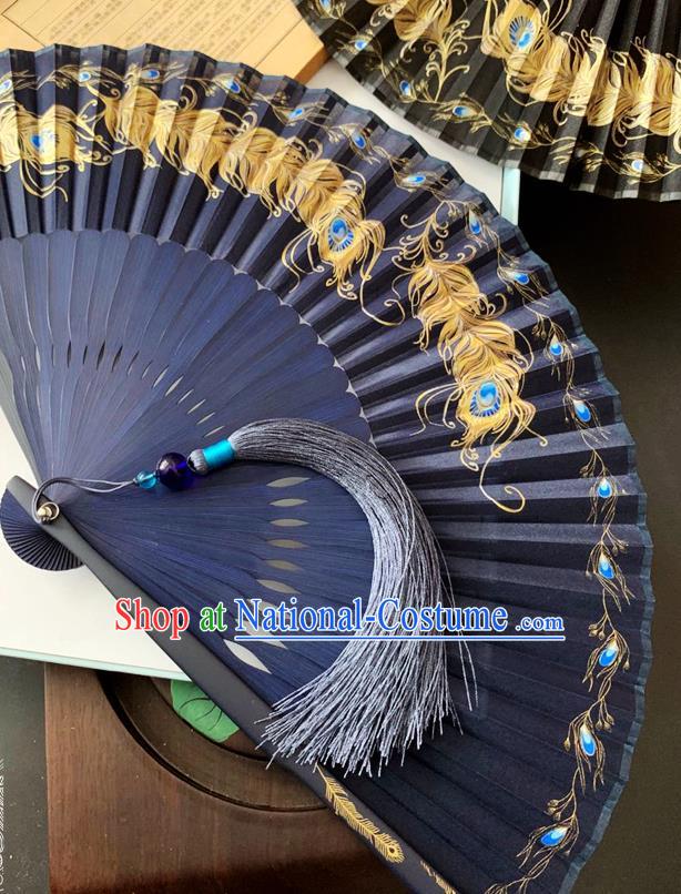 Chinese Printing Peacock Feather Folding Fan Handmade Bamboo Fan Classical Blue Silk Accordion Fans