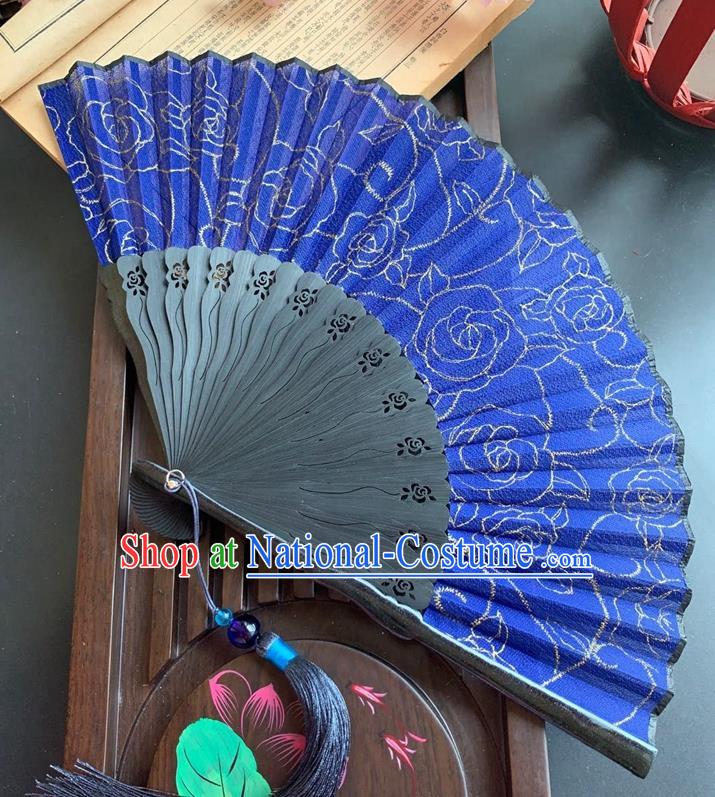 Chinese Handmade Folding Fan Hollowed Rose Bamboo Fan Classical Royalblue Silk Accordion Fans