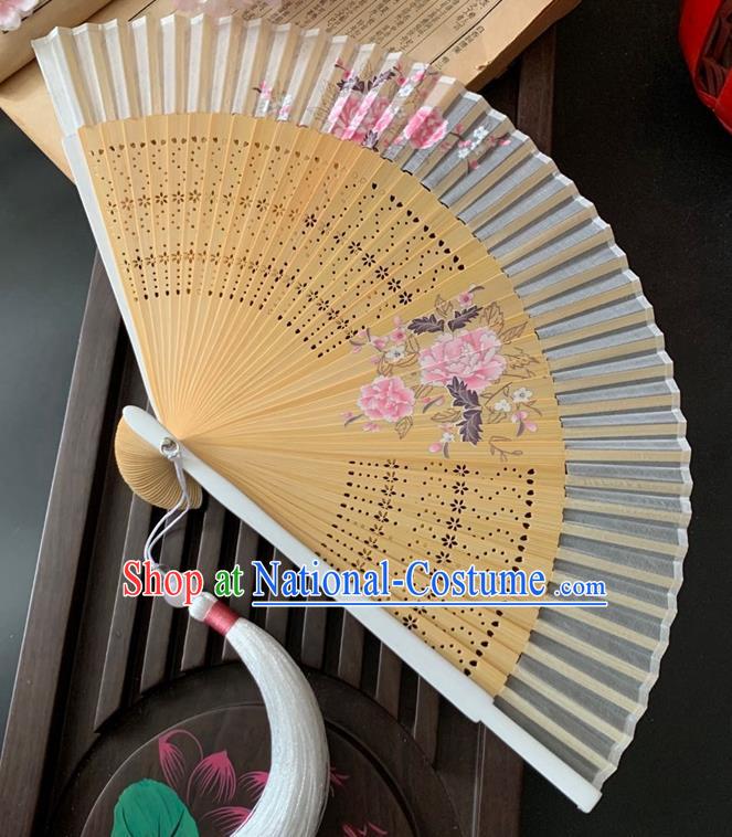 Chinese Handmade Printing Peony Folding Fan Bamboo Fan Classical Dance Accordion