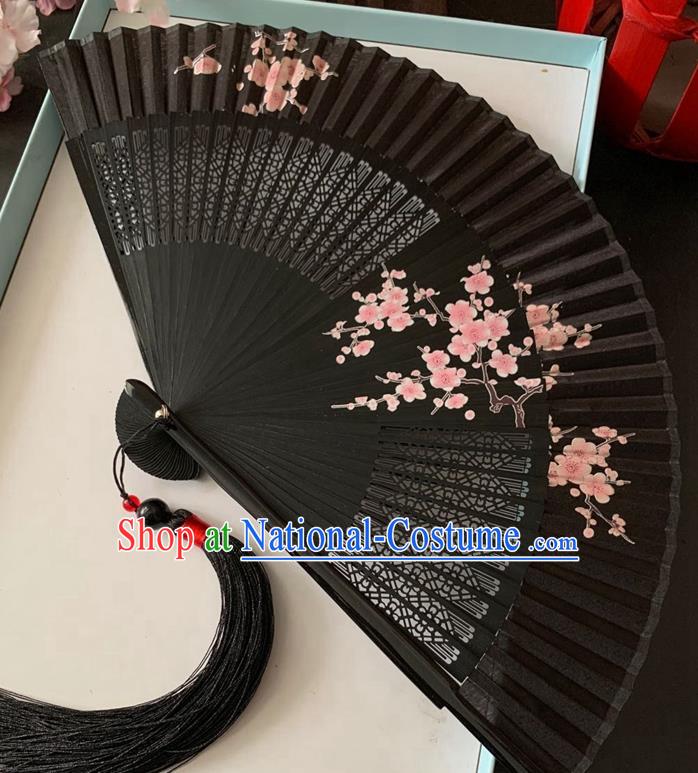 Chinese Handmade Printing Plum Blossom Folding Fan Bamboo Fan Classical Dance Black Silk Accordion