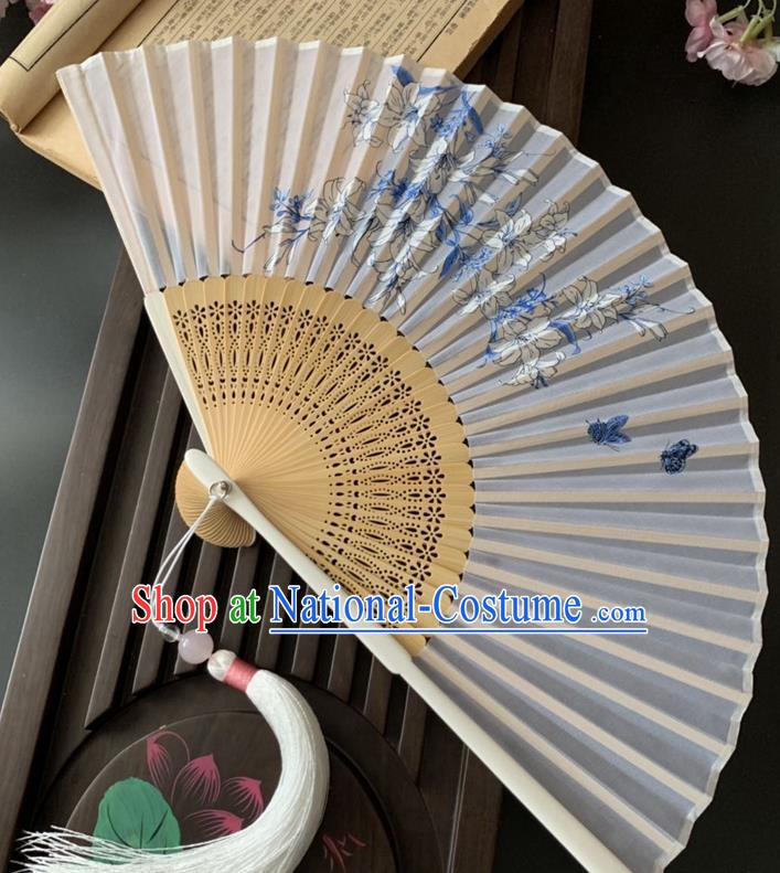 Chinese Classical Dance Silk Accordion Printing Orchids Butterfly Folding Fan Handmade Bamboo Fan