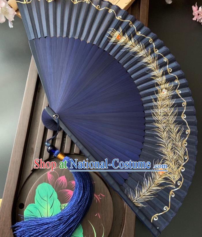 Chinese Classical Dance Blue Silk Accordion Printing Feather Folding Fan Handmade Bamboo Fan