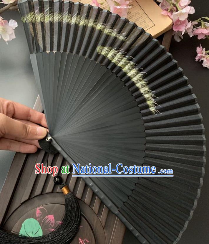 Chinese Printing Reed Folding Fan Handmade Bamboo Fan Classical Dance Black Silk Accordion