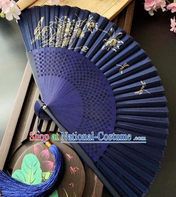 Chinese Printing Dragonfly Lotus Folding Fan Handmade Bamboo Fan Classical Dance Royalblue Silk Accordion