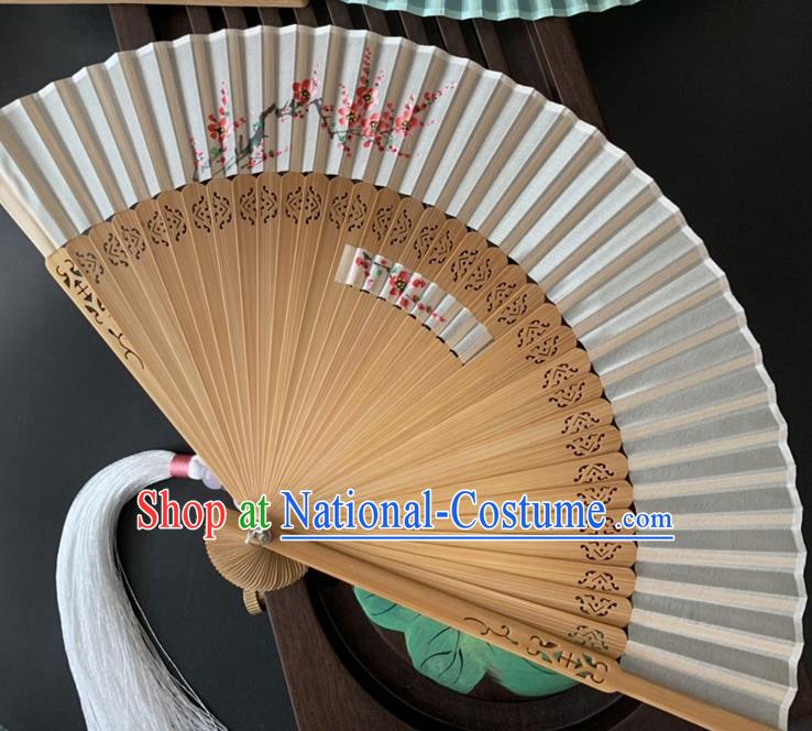 Chinese Printing Plum Blossom Folding Fan Handmade Hollowed Bamboo Fan Classical Dance White Silk Accordion