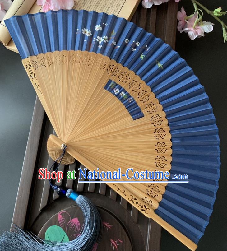 Chinese Printing Sakura Folding Fan Handmade Hollowed Bamboo Fan Classical Dance Royalblue Silk Accordion