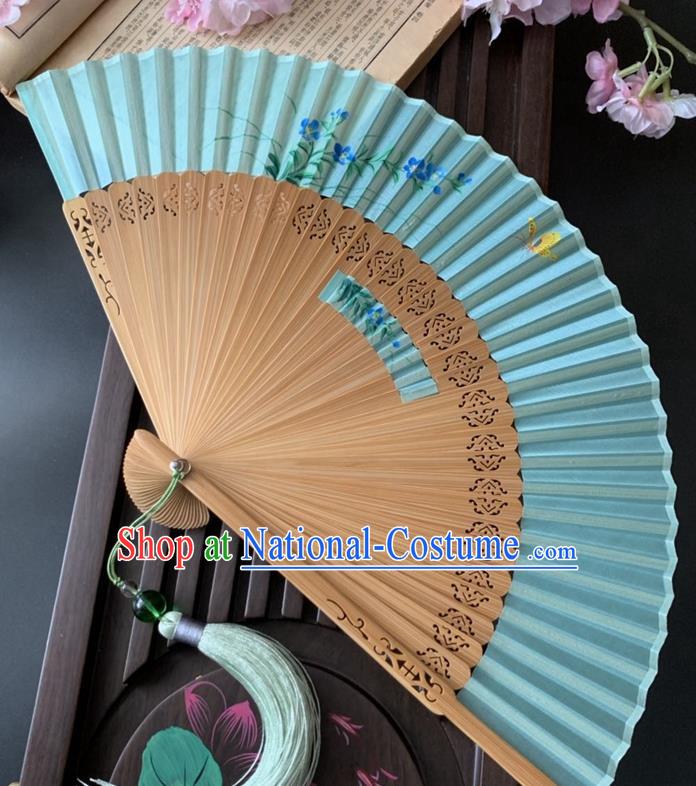 Chinese Printing Orchids Butterfly Folding Fan Handmade Hollowed Bamboo Fan Classical Dance Blue Silk Accordion