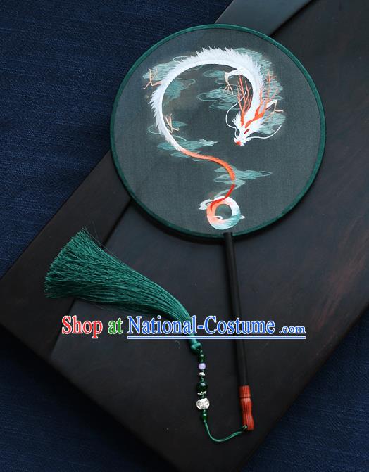 China Handmade Green Silk Fan Classical Dance Circular Fan Traditional Embroidered Dragon Palace Fan