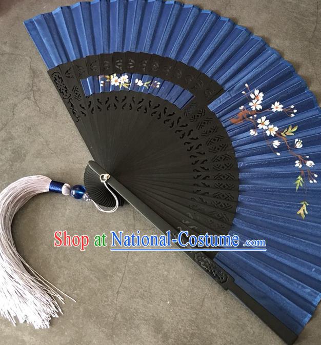 Chinese Classical Dance Royalblue Silk Accordion Printing Sakura Folding Fan Handmade Hollowed Bamboo Fan