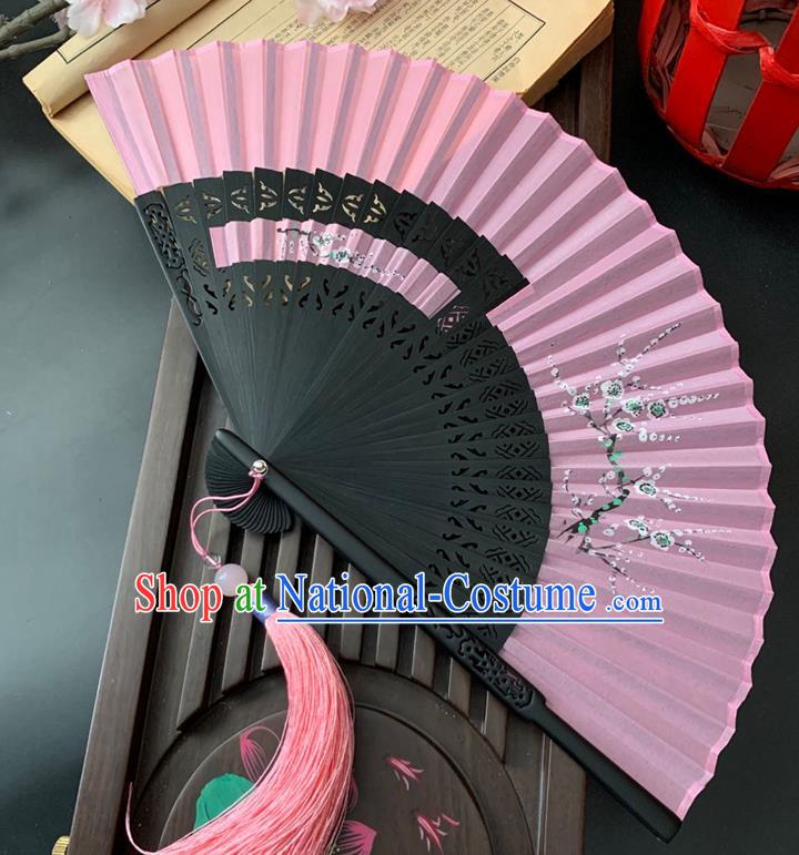 Chinese Printing Plum Blossom Folding Fan Handmade Hollowed Bamboo Fan Classical Dance Pink Silk Accordion