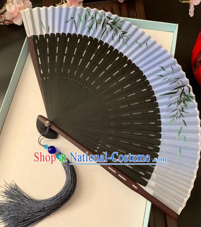 Chinese Printing Bamboo Leaf Folding Fan Handmade Hollowed Fan Classical Dance Silk Accordion