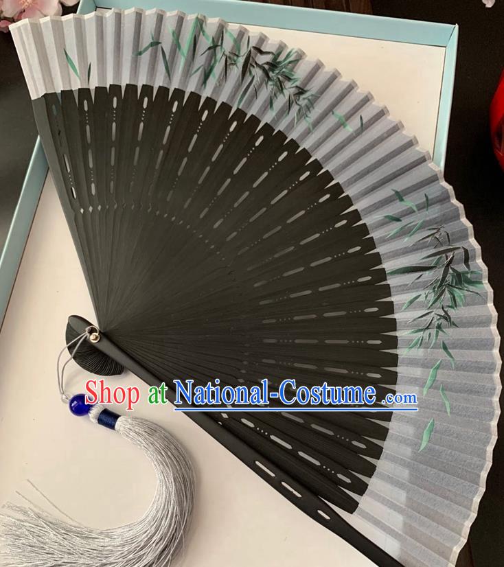 Chinese Classical Dance Grey Silk Accordion Printing Bamboo Leaf Folding Fan Handmade Hollowed Fan