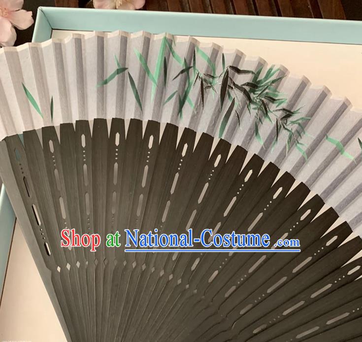 Chinese Classical Dance Grey Silk Accordion Printing Bamboo Leaf Folding Fan Handmade Hollowed Fan