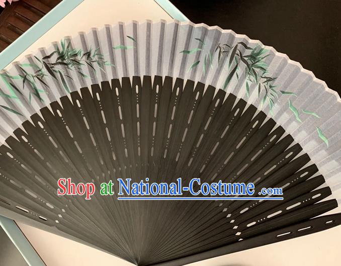 Chinese Classical Dance Grey Silk Accordion Printing Bamboo Leaf Folding Fan Handmade Hollowed Fan