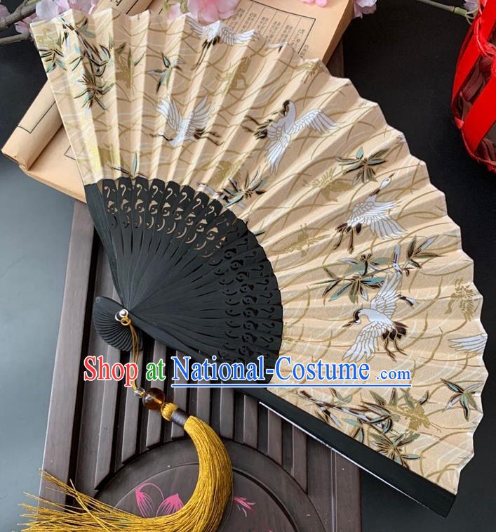 Japan Handmade Bamboo Fan Classical Dance Beige Silk Accordion Printing Cranes Folding Fan