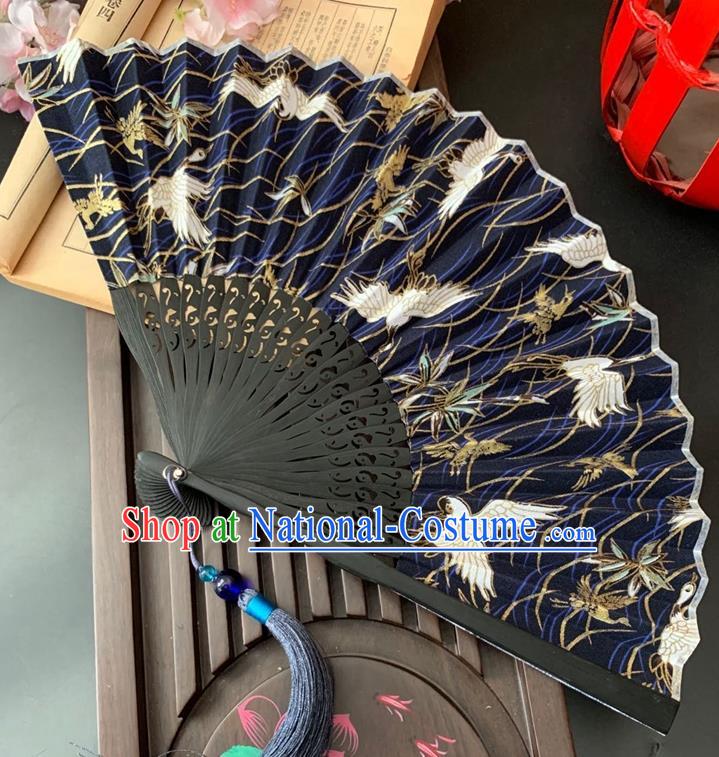 Japan Printing Cranes Folding Fan Handmade Bamboo Fan Classical Dance Navy Blue Silk Accordion