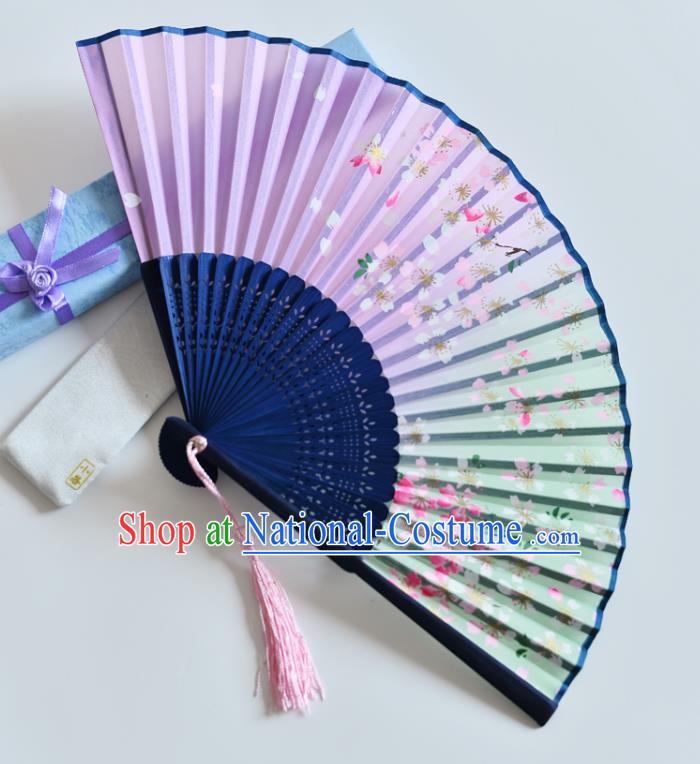 Handmade Chinese Printing Sakura Folding Fan Accordion Lilac Silk Fans