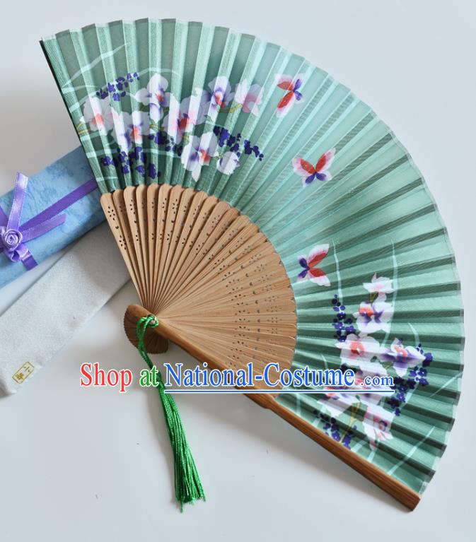 Handmade Chinese Green Silk Fans Printing Phalaenopsis Butterfly Folding Fan Accordion