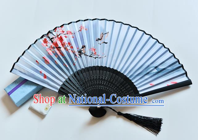 Handmade Chinese Classical Dance Accordion Printing Plum Blossom Bird Folding Fan Blue Silk Fans