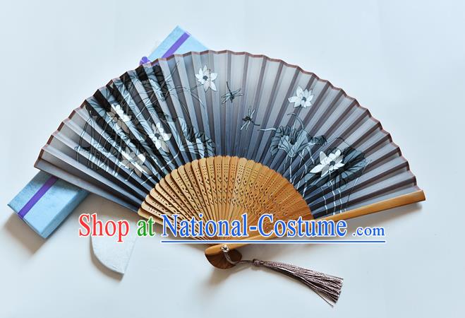 Handmade Chinese Printing Lotus Dragonfly Folding Fan Grey Silk Fans Classical Dance Accordion