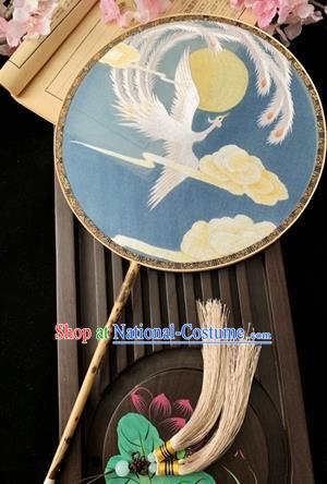 China Classical Embroidered Phoenix Circular Fan Dance Fans Handmade Palace Fan Traditional Hanfu Blue Silk Fan