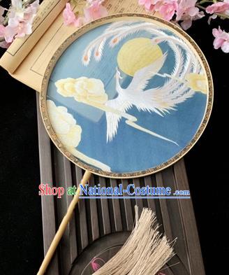 China Classical Embroidered Phoenix Circular Fan Dance Fans Handmade Palace Fan Traditional Hanfu Blue Silk Fan