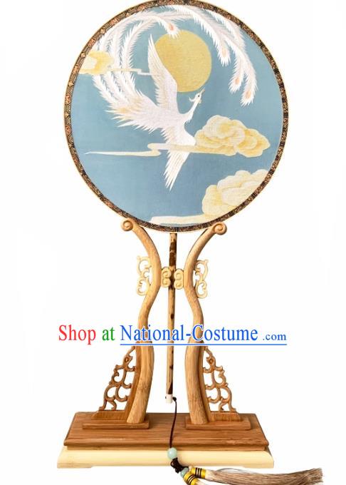 China Classical Embroidered Phoenix Circular Fan Dance Fans Handmade Palace Fan Traditional Hanfu Blue Silk Fan