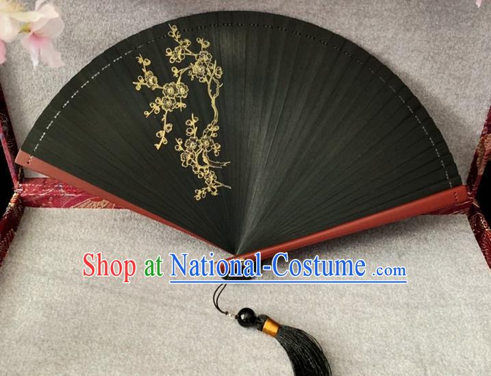 Chinese Handmade Black Bamboo Fan Classical Dance Accordion Printing Plum Blossom Folding Fan