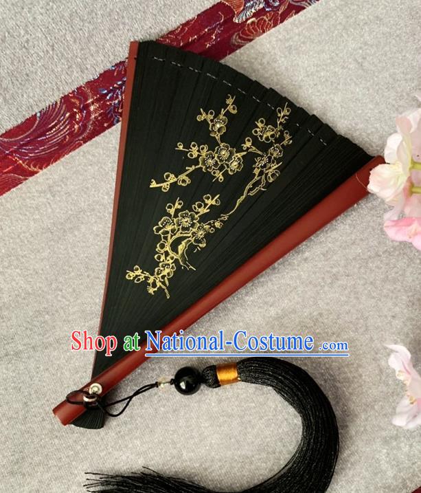 Chinese Handmade Black Bamboo Fan Classical Dance Accordion Printing Plum Blossom Folding Fan