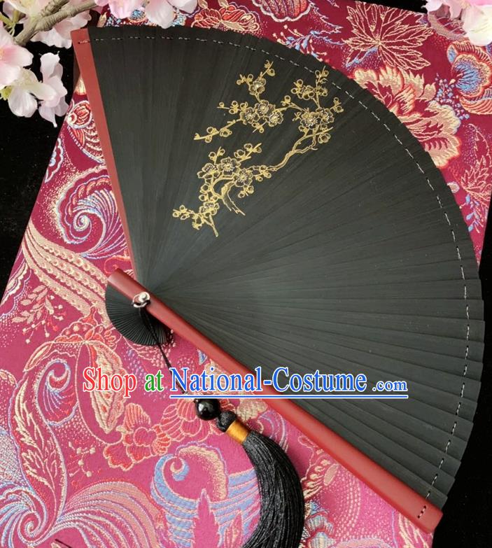 Chinese Handmade Black Bamboo Fan Classical Dance Accordion Printing Plum Blossom Folding Fan