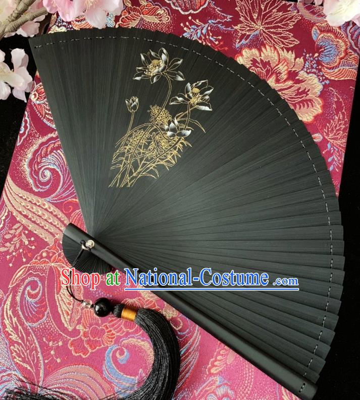 Chinese Classical Dance Accordion Printing Lotus Folding Fan Handmade Black Bamboo Fan