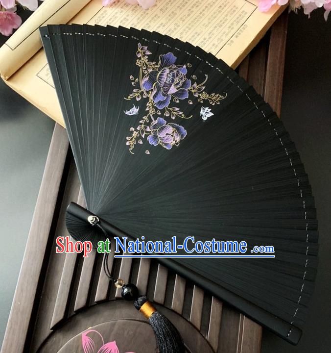 Chinese Printing Purple Peony Folding Fan Handmade Black Bamboo Fan Classical Dance Accordion