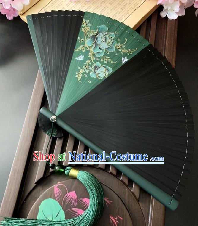 Chinese Printing Green Peony Folding Fan Classical Dance Accordion Handmade Black Bamboo Fan