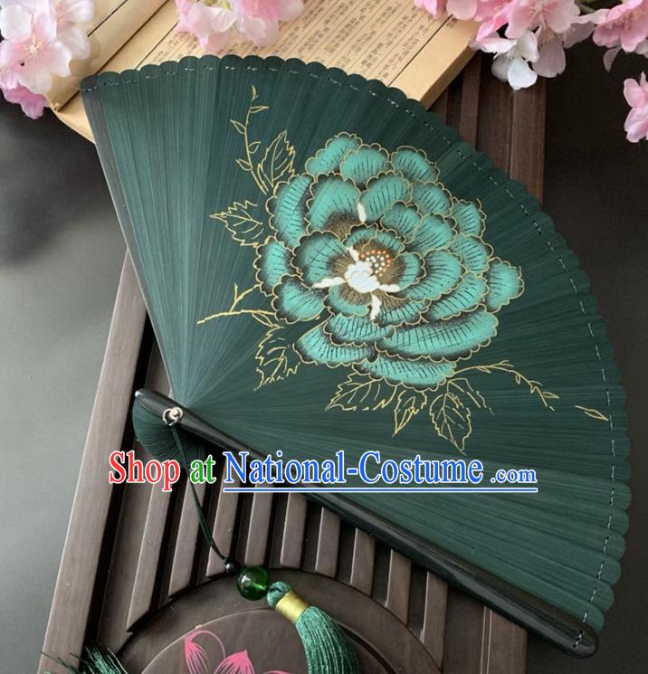 Chinese Classical Dance Accordion Handmade Green Bamboo Fan Printing Peony Folding Fan