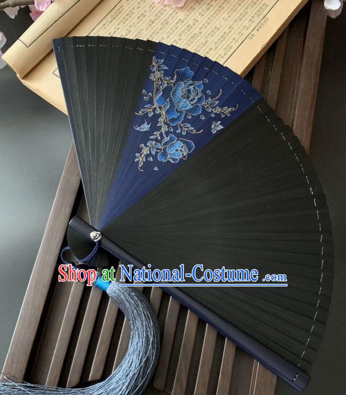 Chinese Craft Classical Dance Accordion Handmade Bamboo Fan Printing Blue Peony Folding Fan