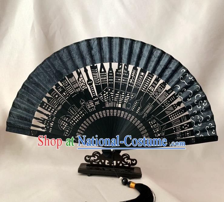 Chinese Classical Dance Accordion Craft Handmade Hollowed Black Bamboo Fan Silk Folding Fan