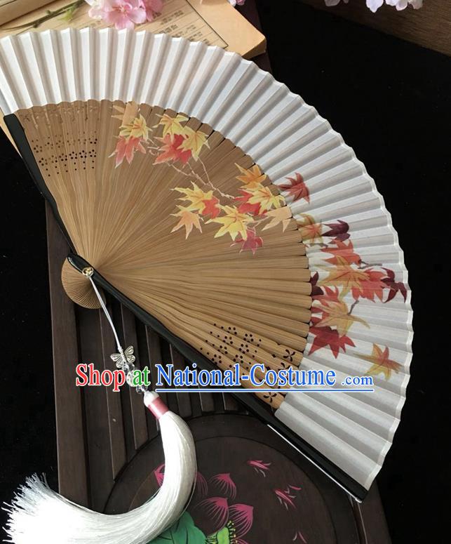 Chinese Printing Maple Leaf Folding Fan Classical Dance Silk Accordion Craft Handmade Bamboo Fan