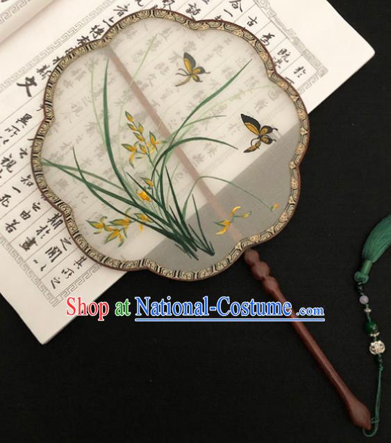 China Classical Dance Silk Fans Handmade Palace Fan Traditional Hanfu Fan Embroidered Orchids Butterfly Fan