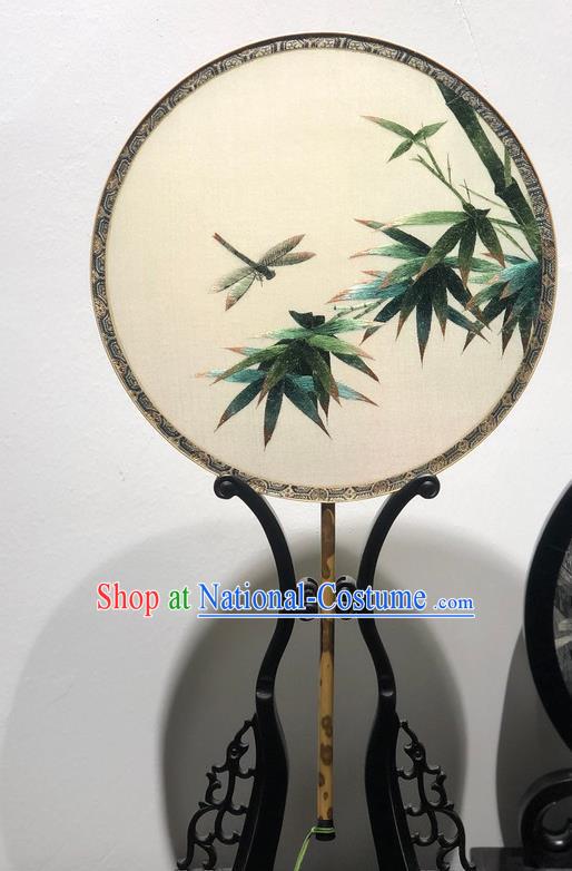 China Embroidered Bamboo Dragonfly Fan Classical Dance Silk Fans Handmade Palace Fan Traditional Hanfu Circular Fan