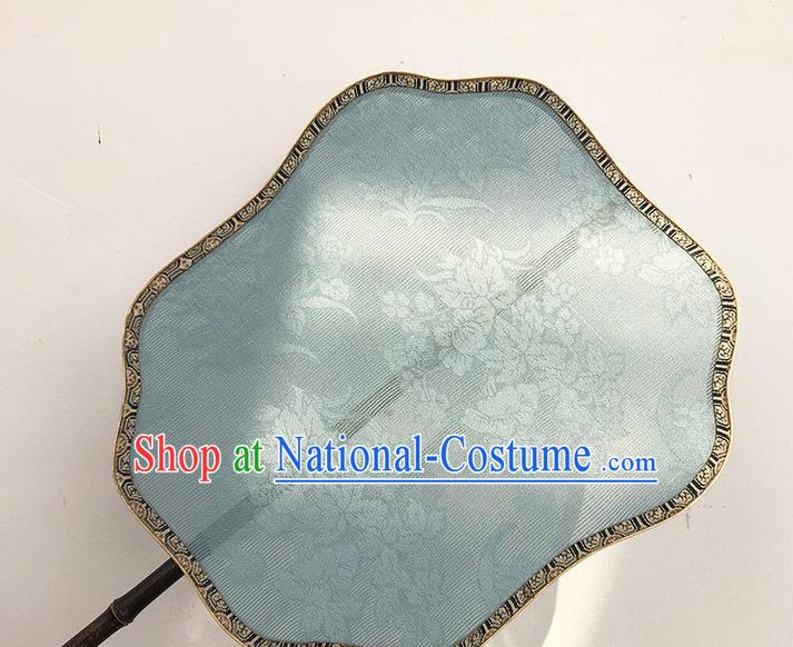 China Classical Dance Blue Fan Handmade Palace Fan Traditional Hanfu Fan Song Dynasty Jacquard Silk Fan