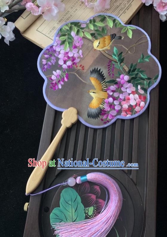 China Classical Embroidered Wisteria Fan Ancient Princess Palace Fan Handmade Traditional Hanfu Silk Fan