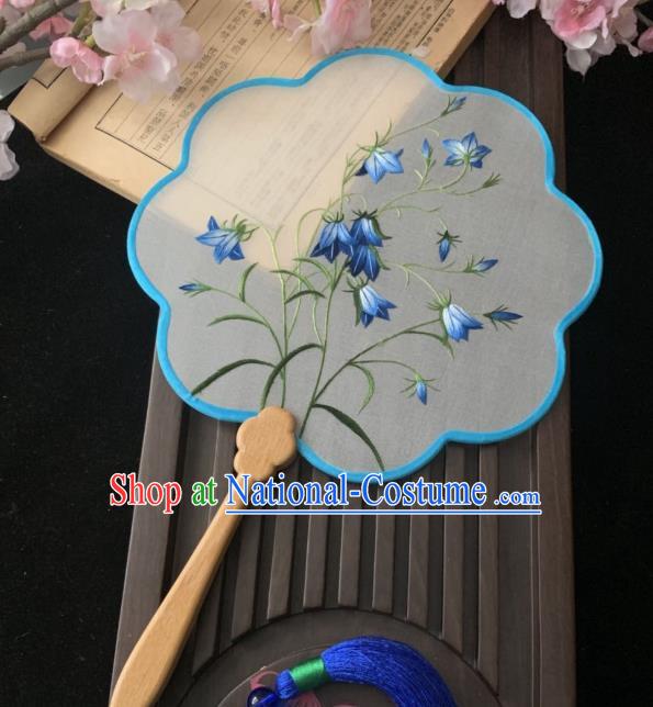 China Ancient Princess Palace Fan Handmade Traditional Hanfu Silk Fan Classical Embroidered Blue Flowers Fan