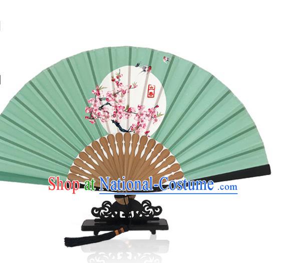 Handmade Chinese Printing Twenty Four Solar Terms Folding Fan Green Silk Fans Classical Dance The Beginning of Spring Accordion