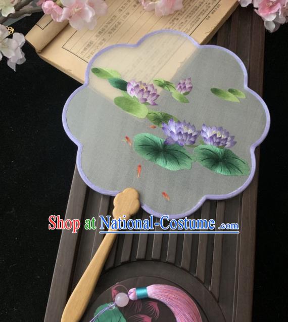 China Classical Embroidered Purple Lotus Fan Handmade Palace Fan Traditional Hanfu Silk Fan Dance Fans