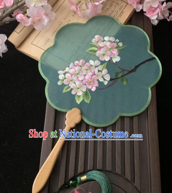 China Classical Embroidered Peach Blossom Fan Handmade Palace Fan Traditional Hanfu Green Silk Fan