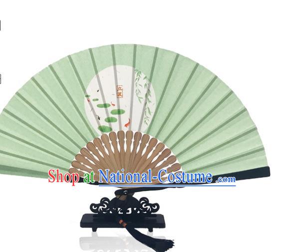 Handmade the Beginning of Summer Accordion Chinese Printing Twenty Four Solar Terms Folding Fan Classical Dance Green Silk Fan