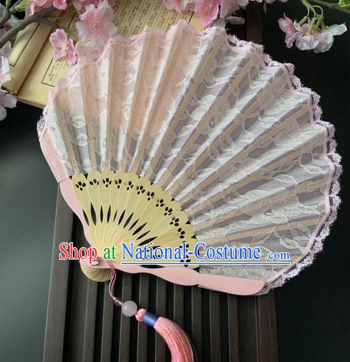 Japan Scallop Folding Fan Handmade Bamboo Fan Classical Dance Pink Lace Accordion