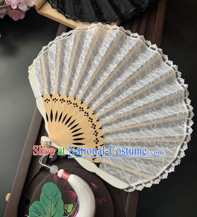 Japan Classical Dance White Lace Accordion Scallop Folding Fan Handmade Bamboo Fan